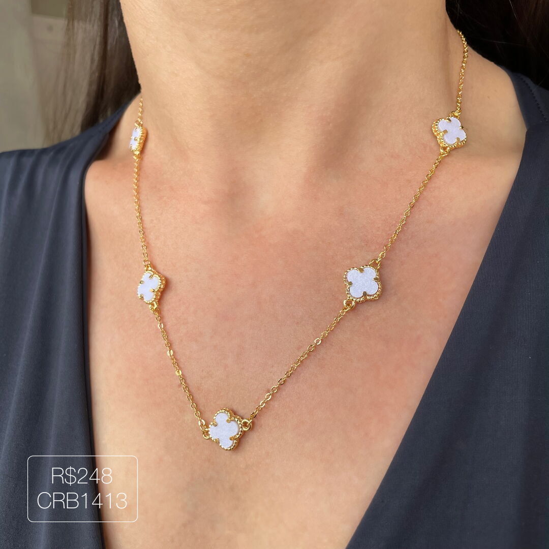 Colar V@n Cleef c/ 5 Pingente P Madre Dourado